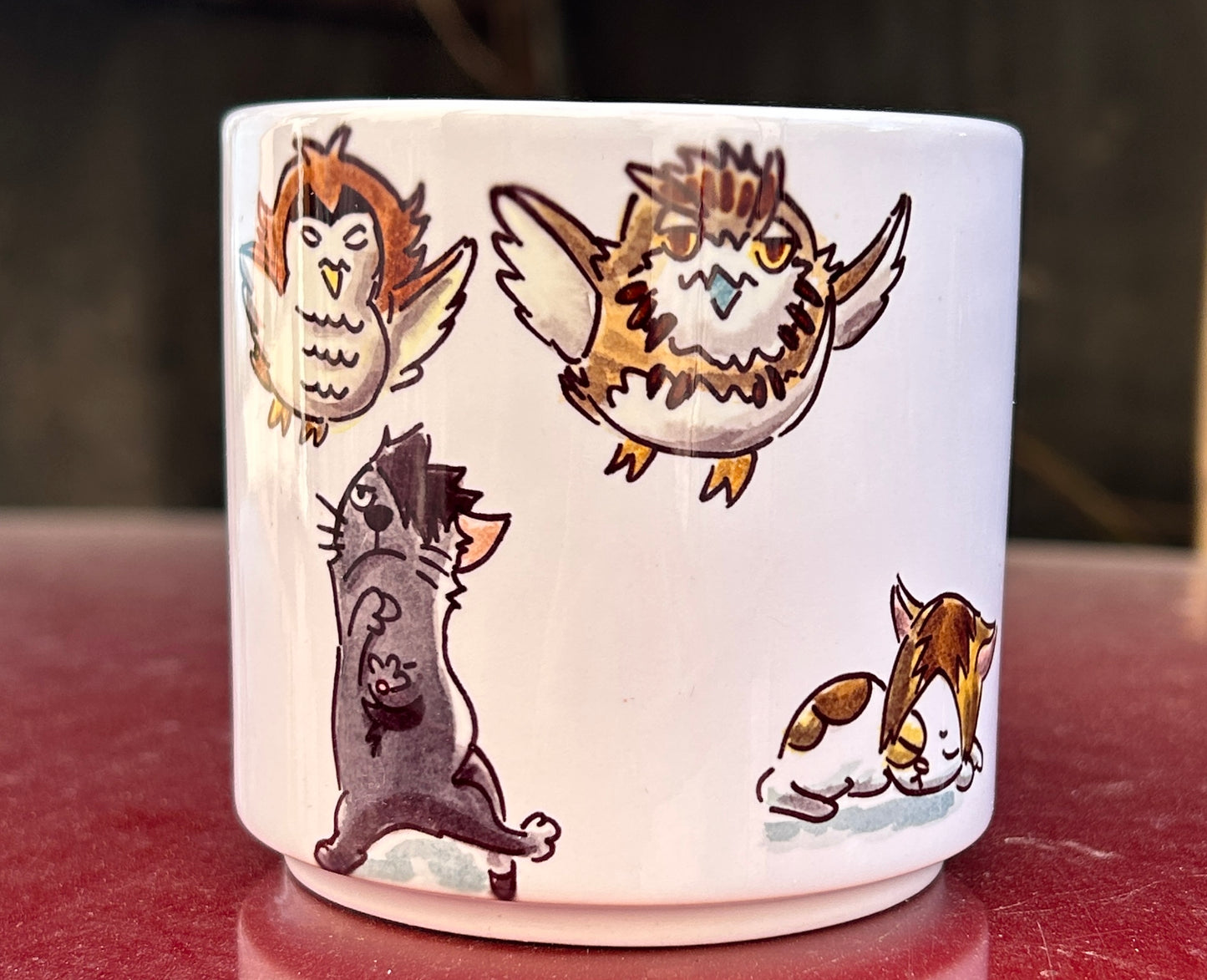 Tazza Haikyuu Gufi & Gatti – Bokuto, Akaashi, Kuroo & Kenma Dipinta a Mano